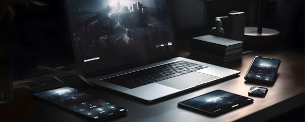 Close up of laptop and smartphone on the table in the room